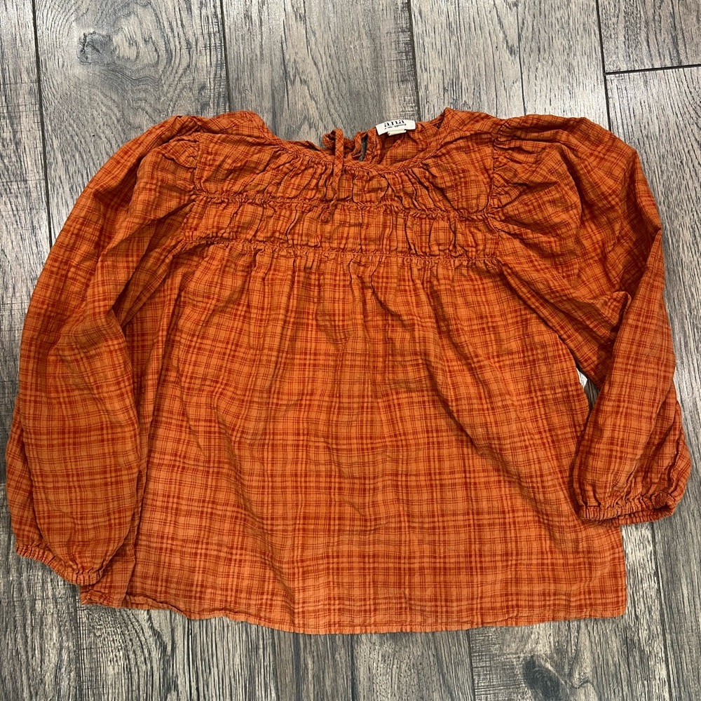 Orange Plaid Long Sleeve Blouse